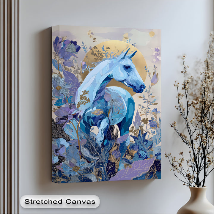 Celestial Bloom – Blue Horse in Golden Floral Fantasy Canvas Print