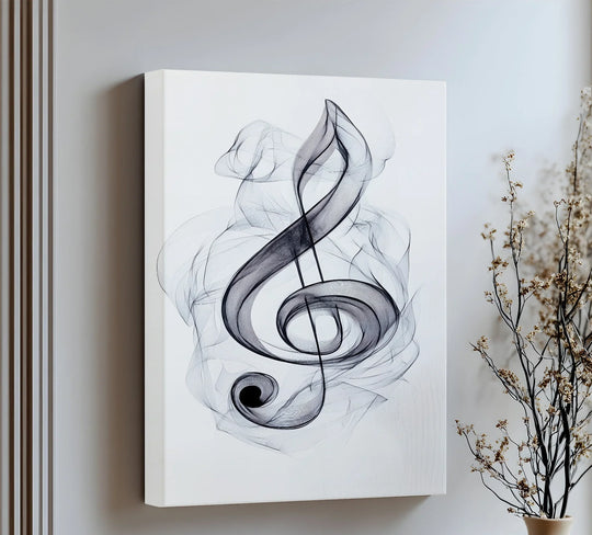 Foreground detail showcases the ethereal smoky lines of the treble clef symbol on this modern music-themed framed canvas art.