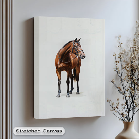 The darkest area of this canvas artwork highlights the realistic detail of the majestic bay beauty brown horse in this canvas print.