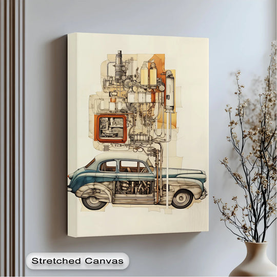 Stretched canvas displays a vintage blueprint breakdown of a classic sedan, showcasing a high-quality hanging canvas car print with crisp, detailed artistry.
