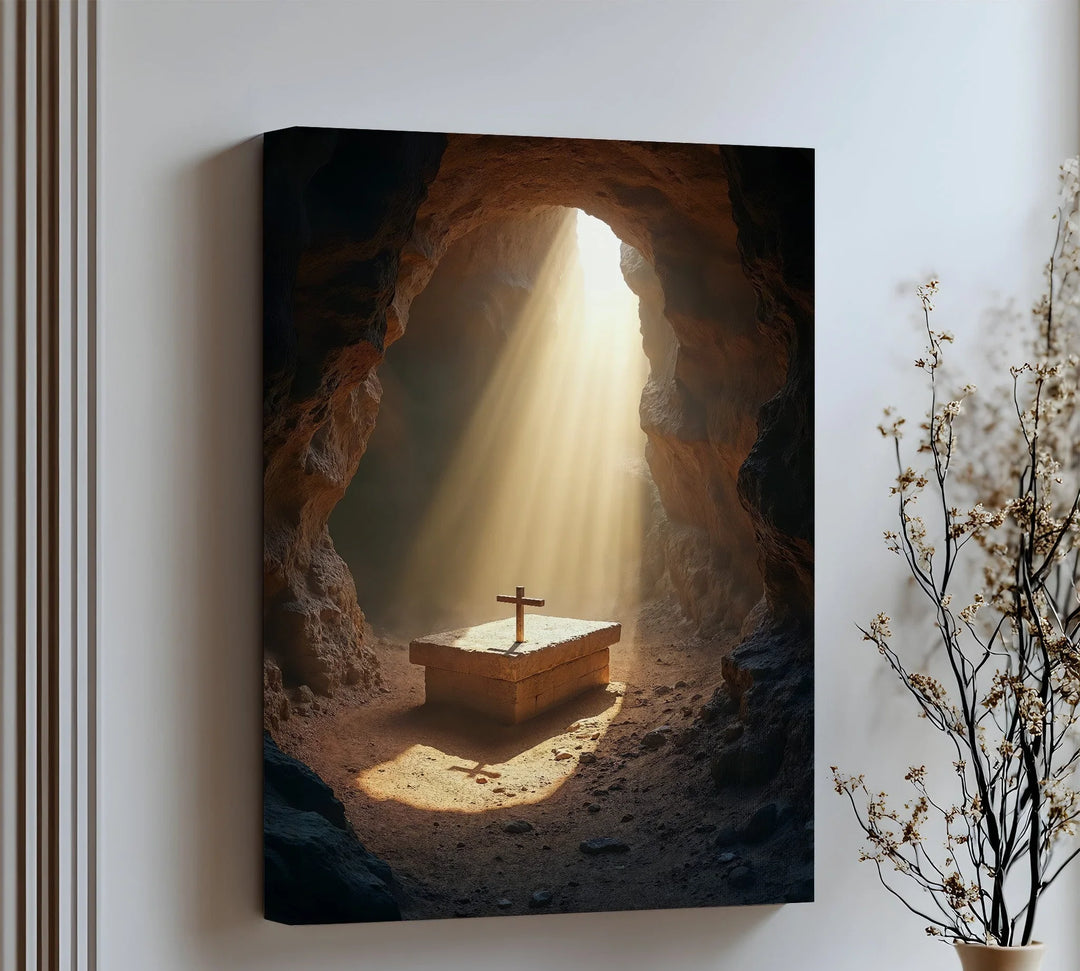 Stand in awe before this sacred canvas wall art of the empty tomb—bathed in divine light and eternal hope.

