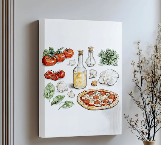Sizzling pepperoni and verdant basil leaves give this kitchen canvas wall art an active and dynamic feel, like the ingredients are ready to jump off the Italian pizza.