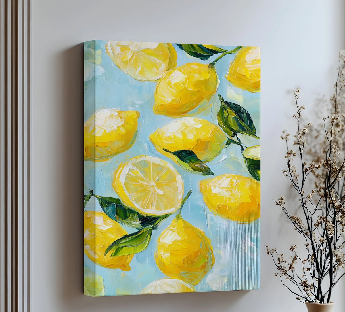 Rectangular zesty lemon canvas painting showcases radiating geometric patterns and sections within the fruit, set against a textured, pale blue backdrop.