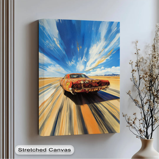 Wild, organic bursts of color shape the desert and sky in this best canvas prints artwork, showcasing the blazing speed of a car on the highway.