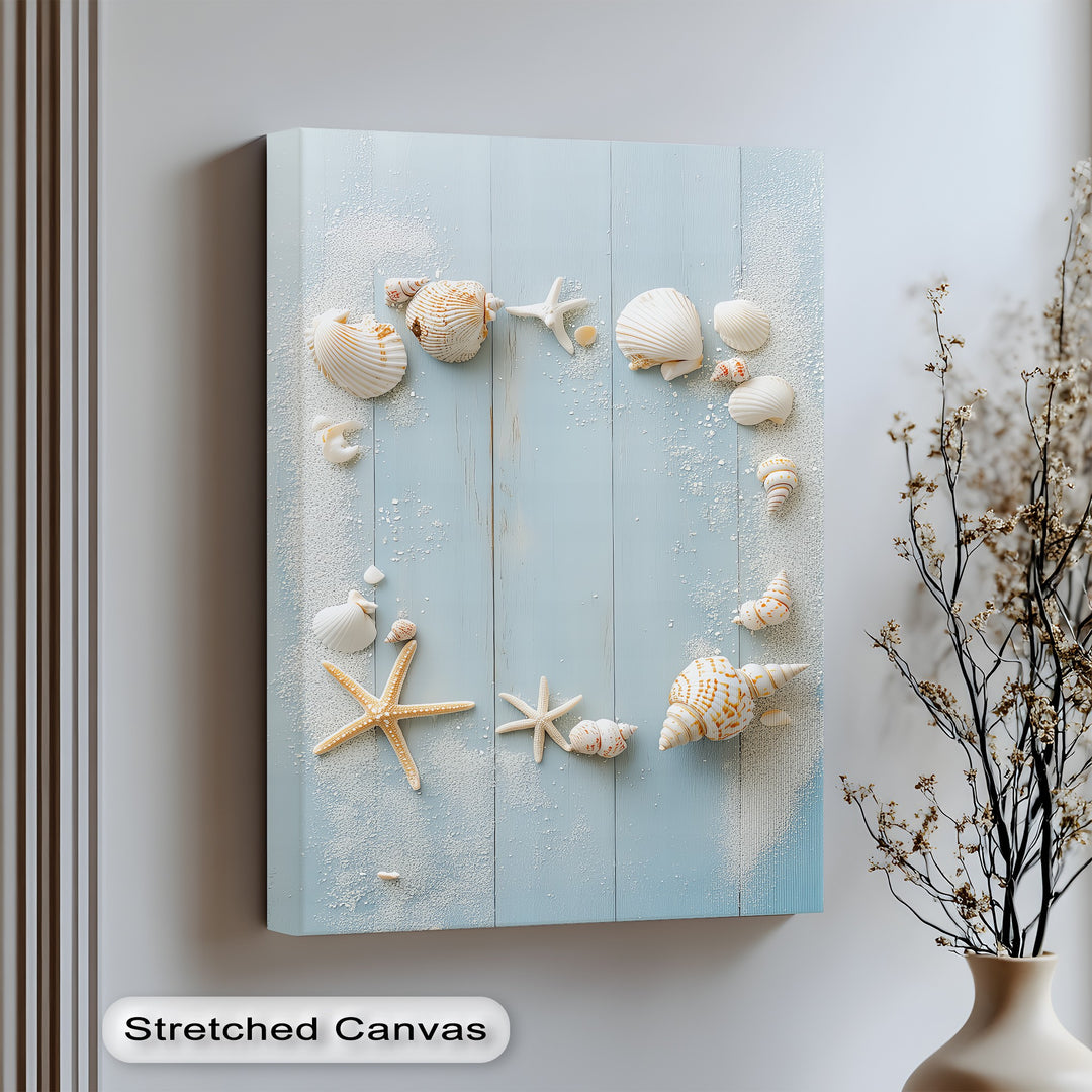Soft sands and seashells form a perfect beachy accent on this elegant canvas print.

