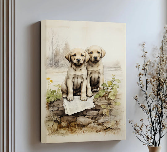 Stone Wall Puppies – Vintage Nature Scene Puppies Canvas Print - MyPhotoStation