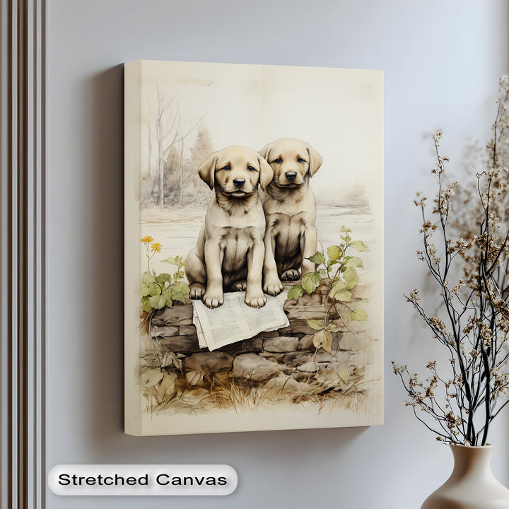 Stone Wall Puppies – Vintage Nature Scene Puppies Canvas Print