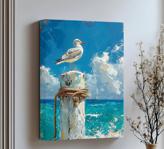 Gallery-wrapped, the finish on this coastal canvas wall decor art print enhances the bright nautical scene of a seagull perched on a post.