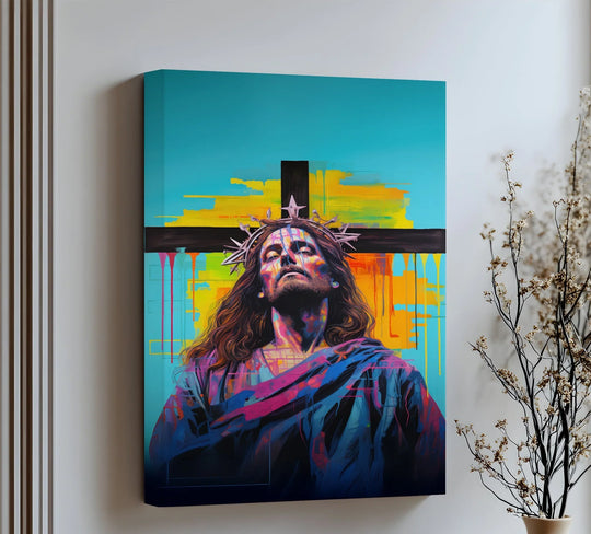The darkest area defines the base of this 'Crowned in Light' Jesus graffiti-style canvas wall art, highlighting the artwork's vivid blues, purples, and spiritual decor.
