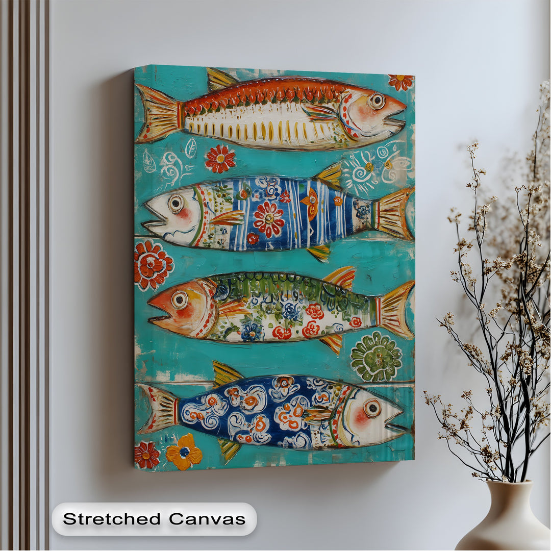 Taking the focal point, a colorful folk fish provides a unique canvas print with a turquoise backdrop, decorated with coastal decorative fish wall art and floral patterns.
