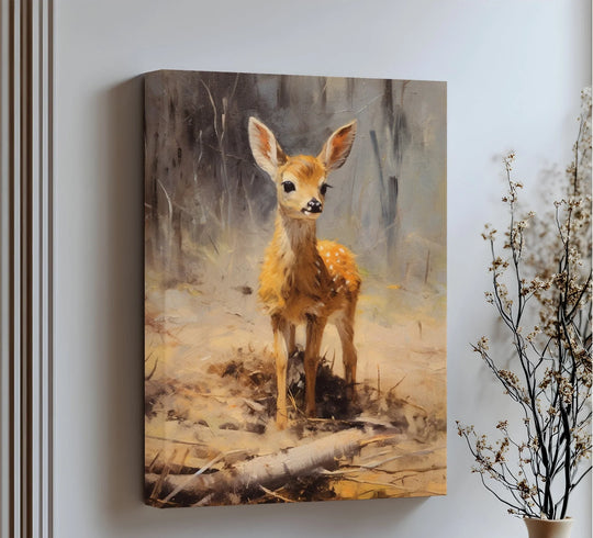 Negative space surrounds the gentle fawn in the forest canvas art print, drawing focus to the innocence of the central animal subject within the artistic canvas art.