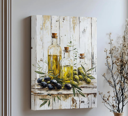 Canvas painting continues around the edges of this rustic kitchen canvas print, showcasing olive oil bottles and bringing a gallery-wrapped feel to this wall art.