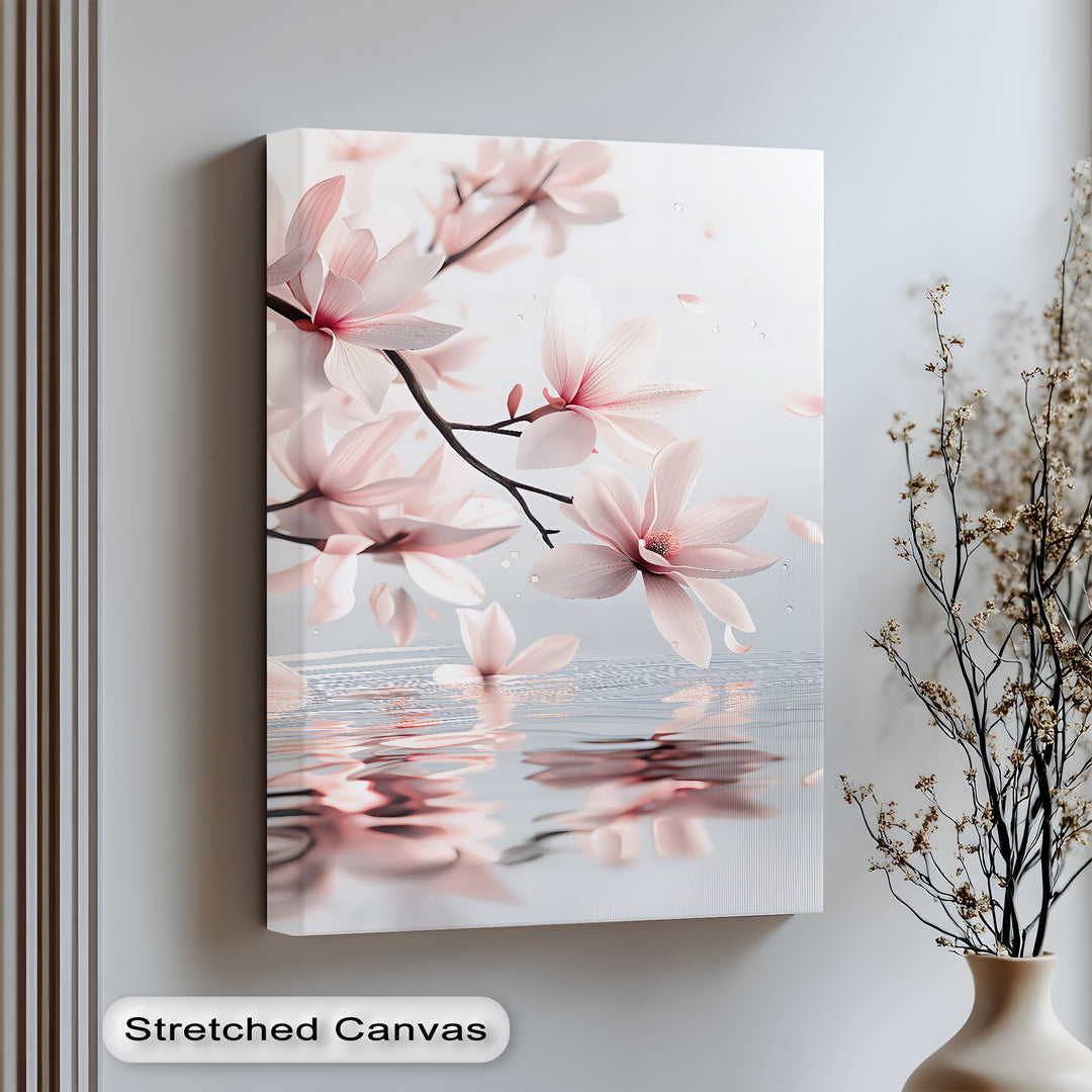 Tranquil Petals Over Water – pink magnolia flower canvas print with soft reflections

