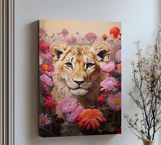 Organic forms intermingle within this animal canvas print, highlighting the wild grace of the lion among a profusion of colorful blossoms with premium canvas decor.