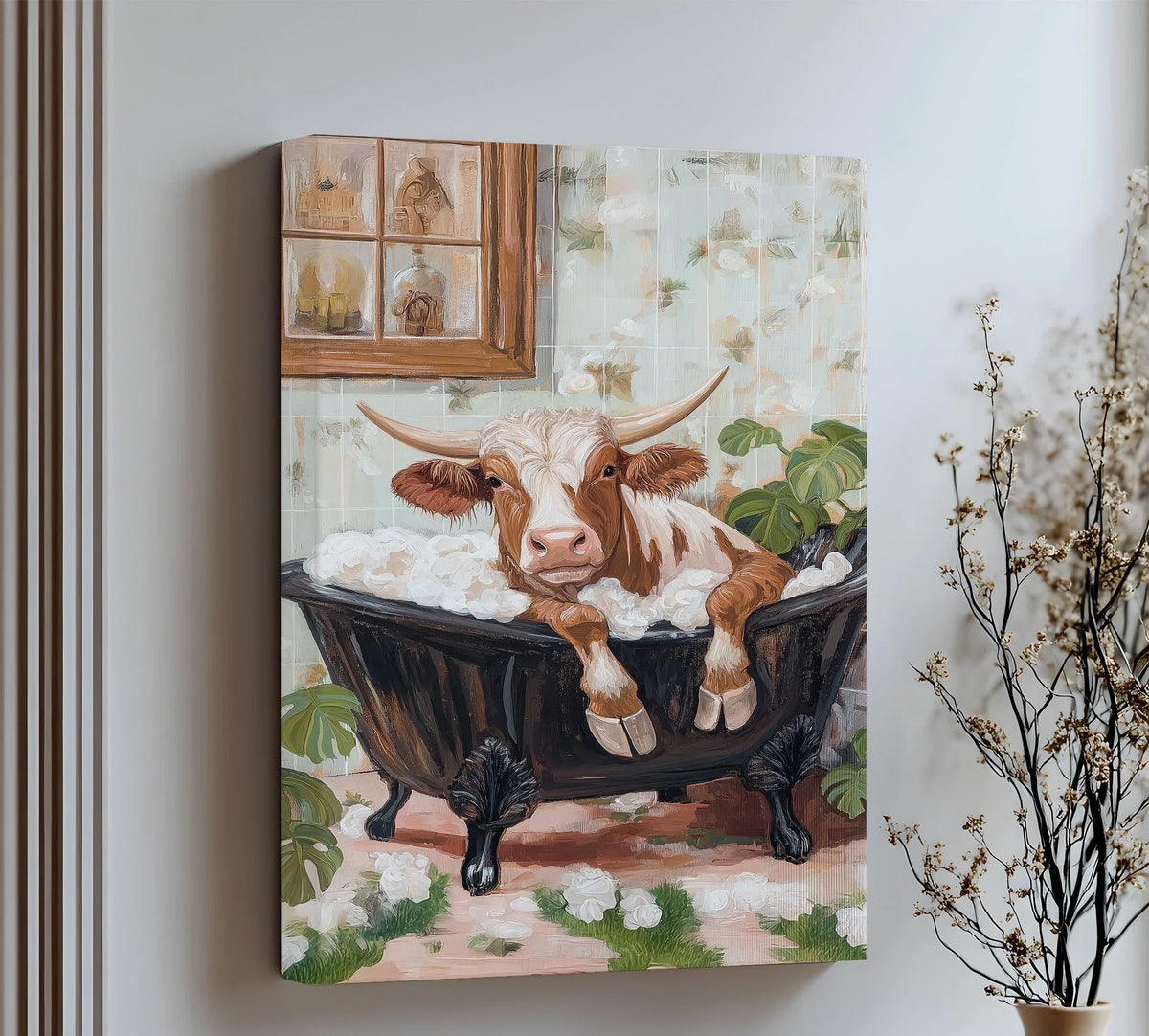 Foaming bubbles, the softest element, fill the black clawfoot tub in this Farmhouse Whimsy animal canvas wall decor print showcasing a cow in a vintage bathroom.