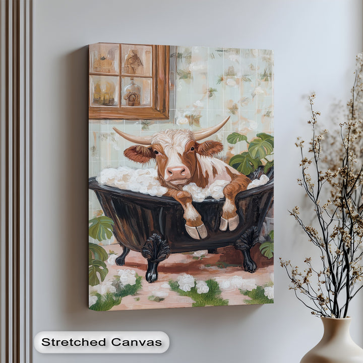 This whimsical cow canvas print brings charm and humor to farmhouse-style bathrooms, blending rustic vibes with playful surrealism in a beautifully illustrated scene.

