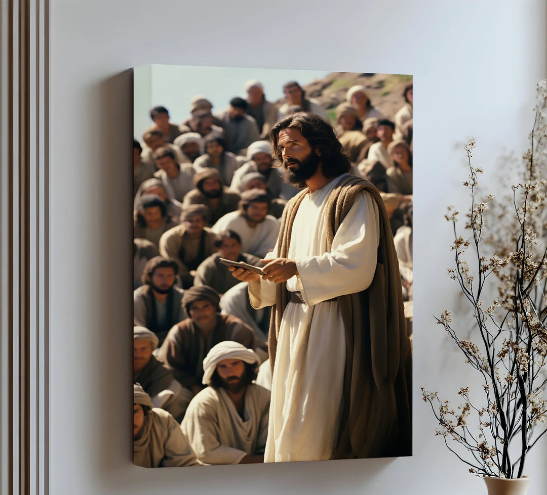 Feel uplifted by this inspiring canvas wall art of Jesus teaching the multitudes with divine wisdom.

