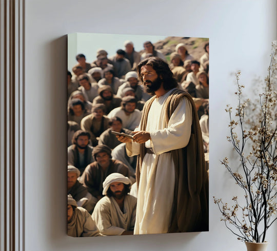 The focal point of the “The Teacher’s Voice” best canvas prints shows Jesus addressing the multitude in a sacred and inspirational canvas wall art scene.