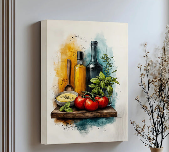 Showcasing the geometric elements within this Flavor Shelf high quality canvas prints, highlighting the structured composition of bottles and produce on a rustic ledge.