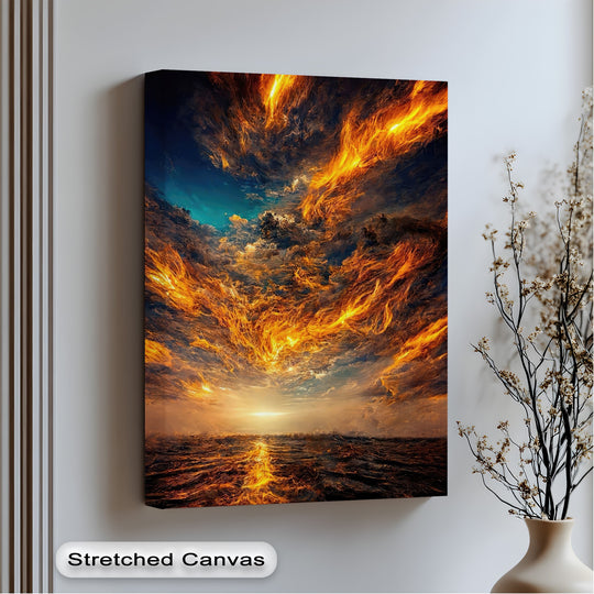 The stillness of the dark, reflective ocean mirrors the vibrant firestorm sky in this dramatic abstract nature canvas art prints.