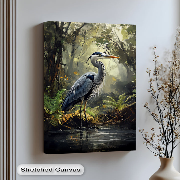 Misty Forest Heron – Wildlife Landscape Canvas Print