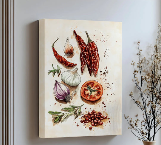 Dramatic color contrast makes the vibrant red chili peppers, tomato slice, garlic, and herbs pop in this spice and flavor symphony canvas art prints.