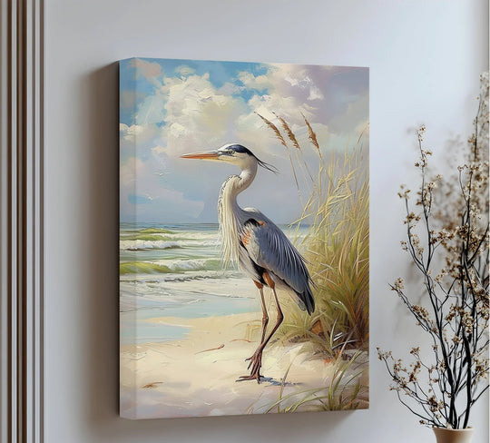 Coastal Grace – Majestic Heron by the Shore Canvas Print - MyPhotoStation