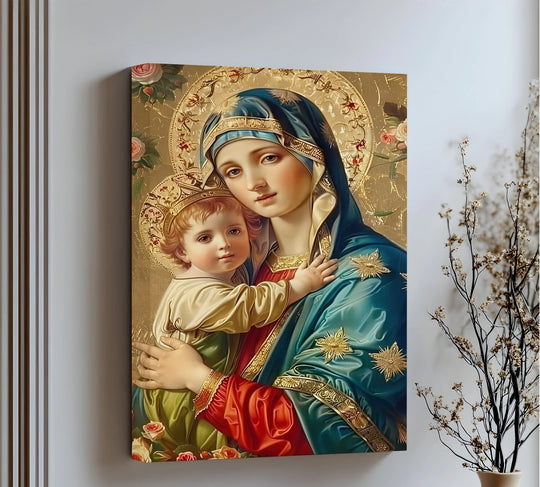 Foreground roses and gilded accents draw the eye in this 'Holy Madonna and Child' canvas art, enriching this sacred icon style canvas art.