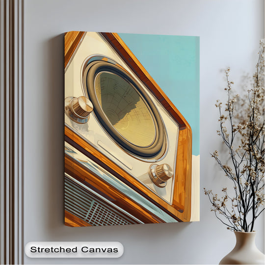 Negative space defines the retro radio dial in this Golden Frequencies canvas print, offering a captivating perspective on canvas wall decor with an emphasis on vintage design.