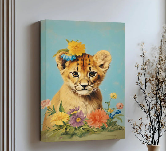 The darkest area on the blossom-crowned cub in this canvas artwork emphasizes the lion cub’s endearing expression, highlighting the details of the animal canvas print.