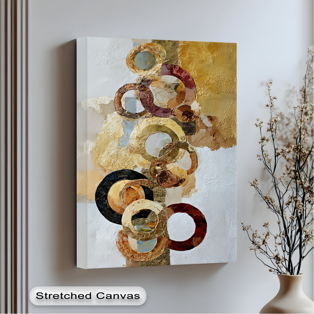Surface texture highlighted on the Gilded Motion abstract canvas pictures, showing layered gold rings with a palpable, dimensional quality.