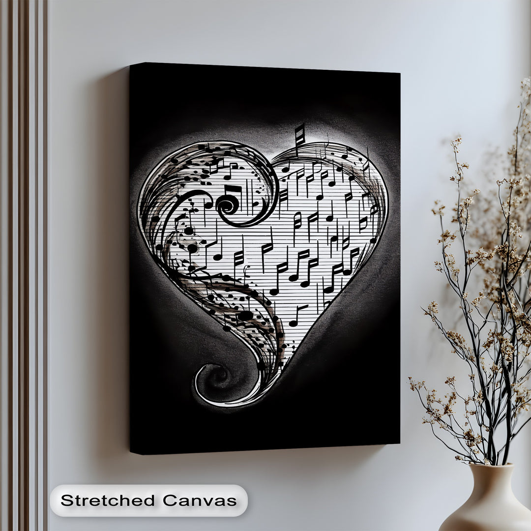 Celebrate your love for melody with this expressive canvas wall art shaped like a heart of musical notes.

