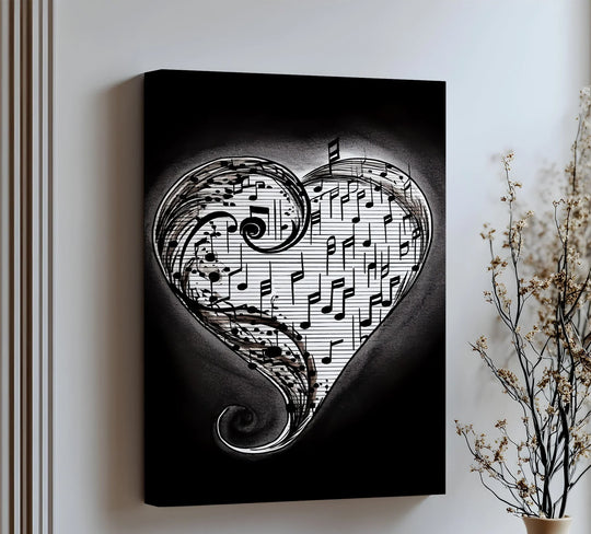 With cool color temperatures, the melodic heart best canvas prints showcase a musical black and white canvas prints heart design.
