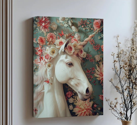 Highlighting the brightest area of this animal canvas print, a high quality canvas prints showcases a dreamy, romantic fantasy portrait of a white unicorn with roses and butterflies.