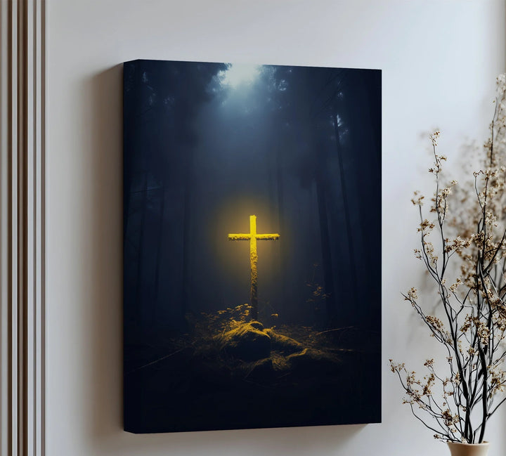Let this glowing cross canvas wall art bring sacred stillness and mystery into your space.

