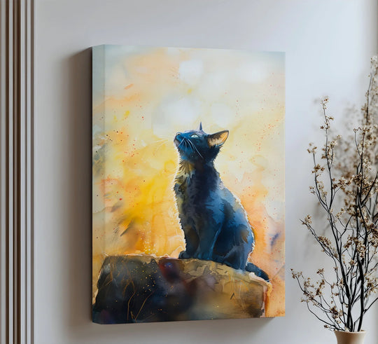 Watercolor black cat big canvas prints show the soulful feline as the central subject gazing upwards in a golden light, making it a lovely cat canvas print.