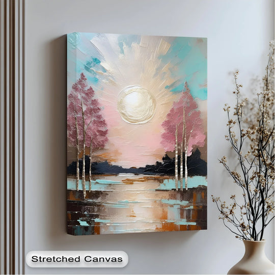 Layered with visible brushstrokes, the golden glow horizon big canvas prints artfully depicts depth through the sunset landscape and blush-colored trees.