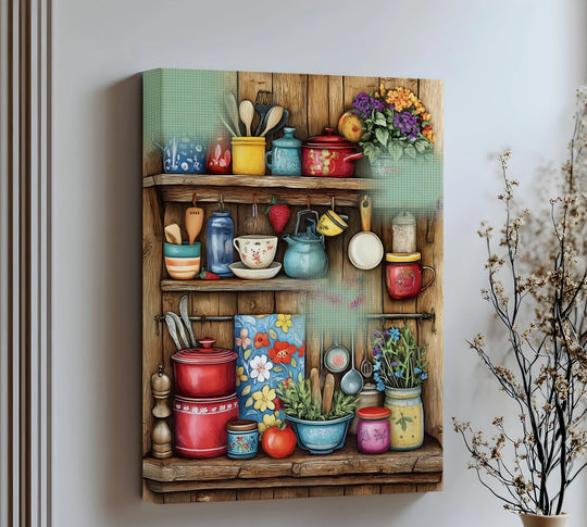 Visual rhythm emerges in this rustic kitchen shelf canvas art through its patterned array of vintage cookware and floral motifs.
