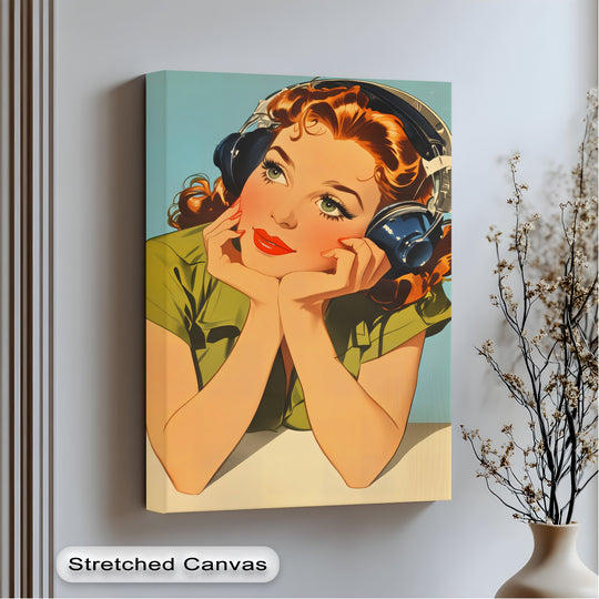 Detailed view of the Daydream Frequencies retro girl best canvas prints, highlighting the stretched edge and the crisp, clean borders.