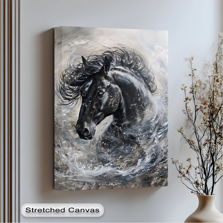 Stardust Fury – Black Horse in Motion Abstract Canvas Print
