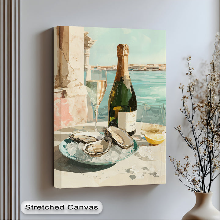 Canvas wall art of a champagne bottle and oysters on ice served with lemon wedges against a bright coastal vista.