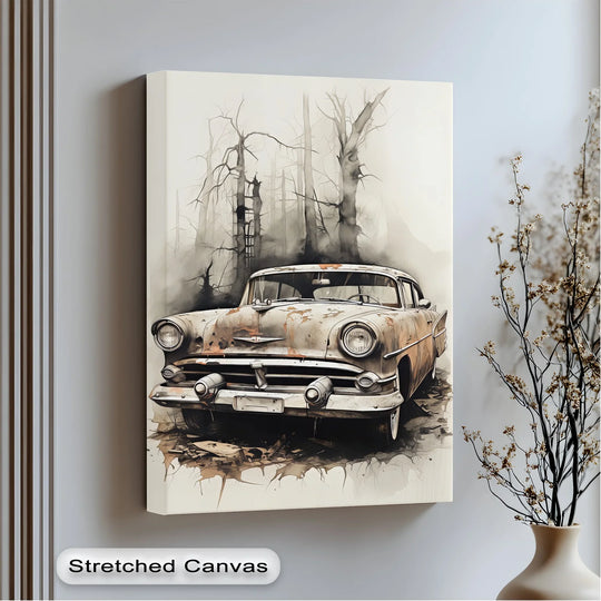 Rusted classic car takes center stage in this haunted forest ride canvas painting, a vintage and rustic car canvas print perfect for gothic decor styles.