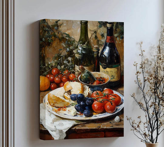 Foreground detail of the Vineyard Table premium canvas decor showing an assortment of rustic wine, juicy grapes, and vibrant tomatoes resting on a ceramic plate.