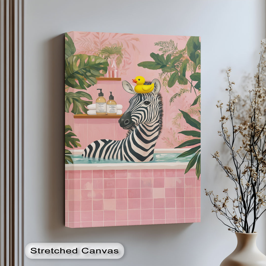 Bring playful charm to your bathroom with this funny animal canvas wall art, featuring a relaxed zebra in a bubble bath under tropical leaves and pink tiles.

