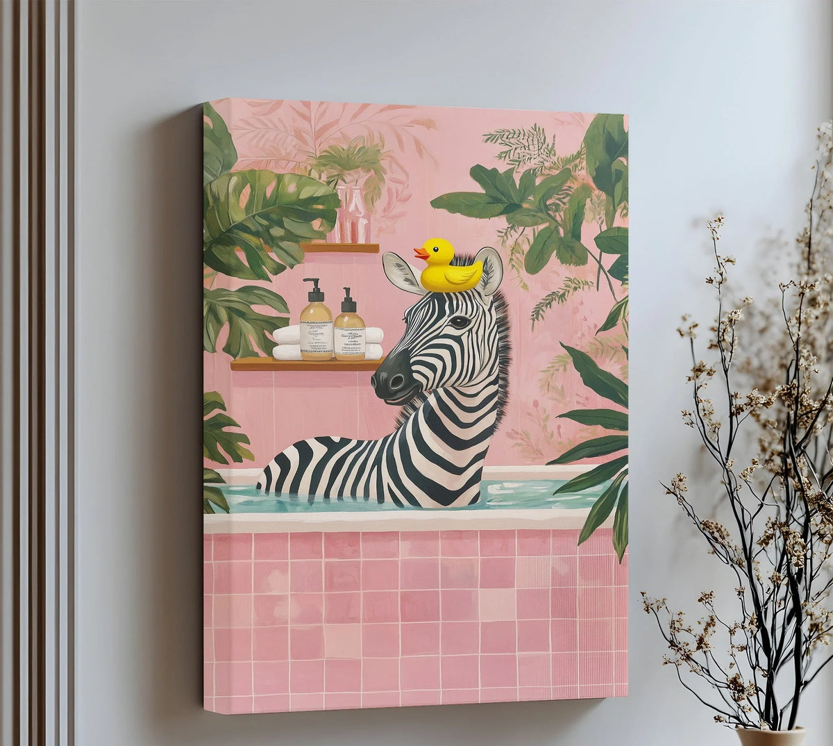 The realistically rendered Zebra Zen canvas print captures a zebra bathing, featuring one of the best canvas prints depicting lush tropical plants, pink tiles, and a charming rubber duck.