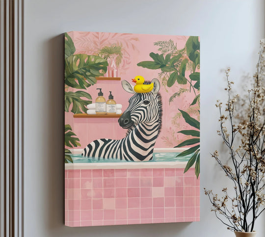Bring playful charm to your bathroom with this funny animal canvas wall art, featuring a relaxed zebra in a bubble bath under tropical leaves and pink tiles.

