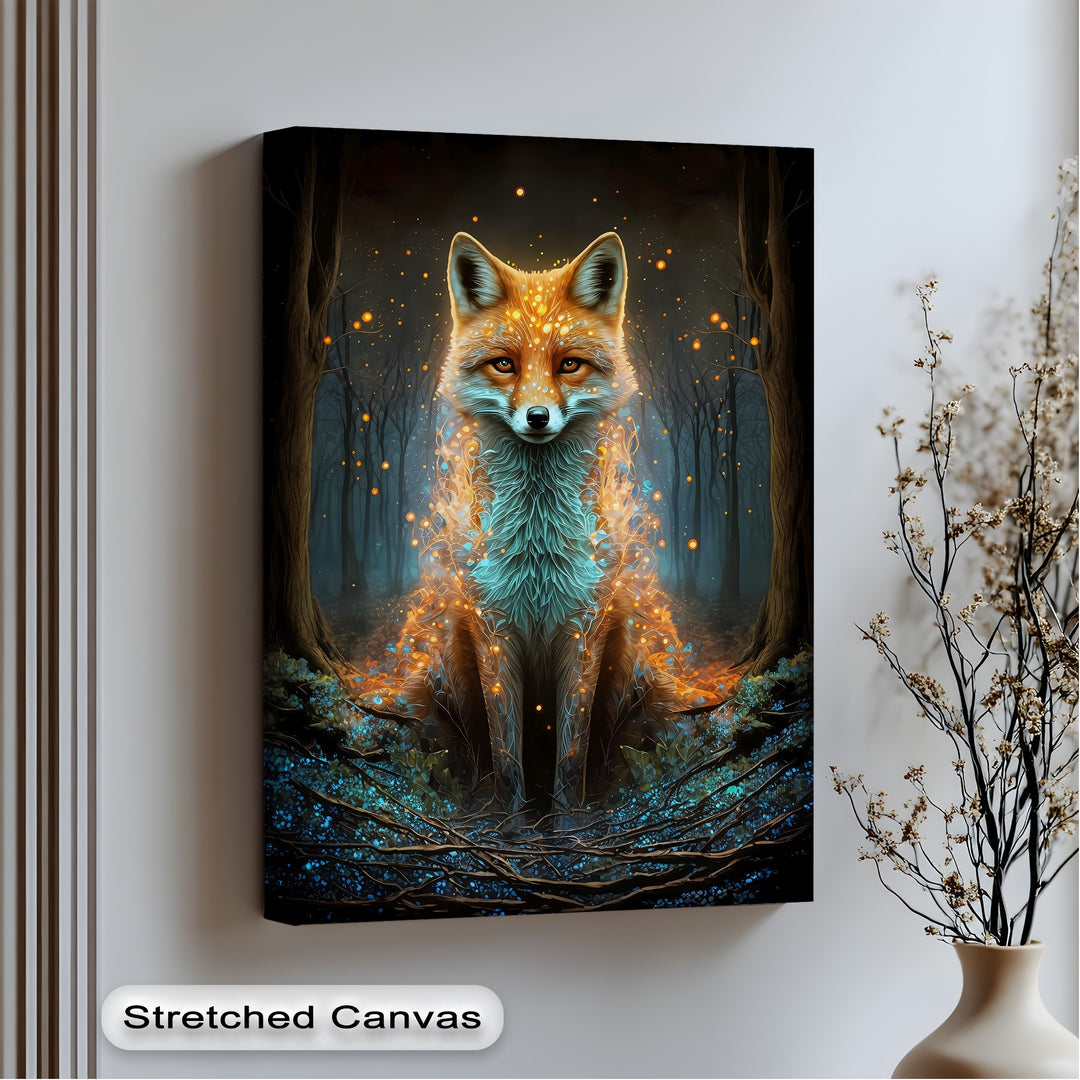 The mystic fox canvas painting showcases impressive depth with luminous roots in the foreground, a glowing fox, and a receding dark fantasy forest in the background.