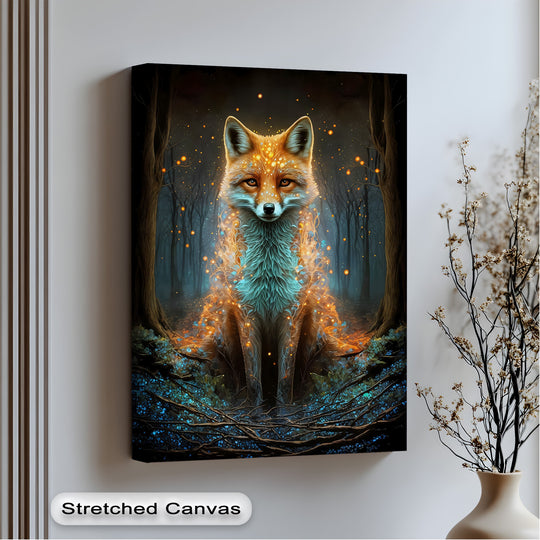 The mystic fox canvas painting showcases impressive depth with luminous roots in the foreground, a glowing fox, and a receding dark fantasy forest in the background.