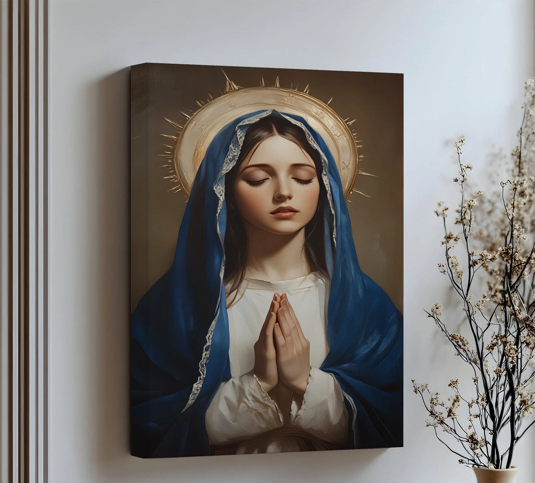 Experience serene grace with this canvas wall art of the Virgin Mary in quiet prayer, radiating peace.

