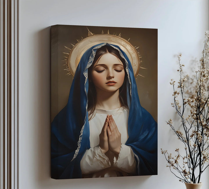 Experience serene grace with this canvas wall art of the Virgin Mary in quiet prayer, radiating peace.

